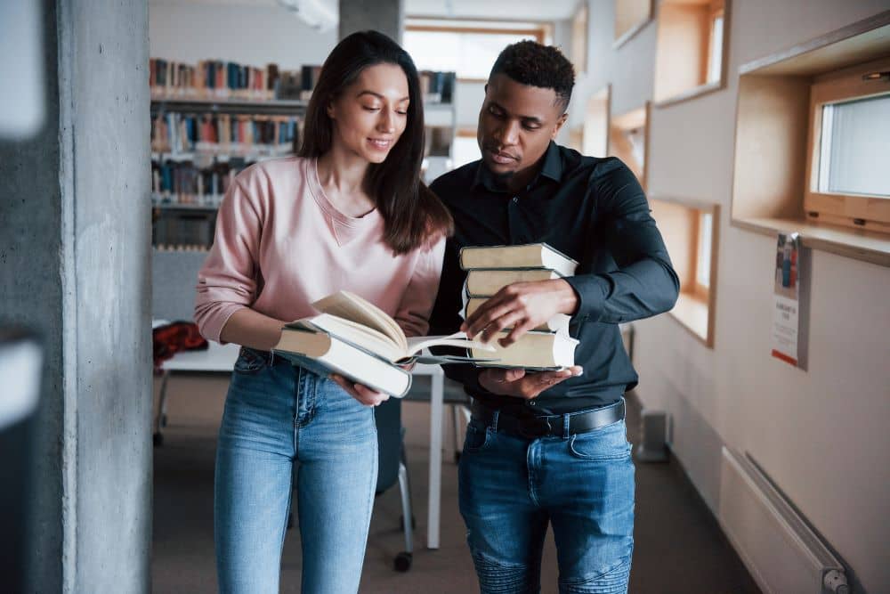 Multiracial couple in library