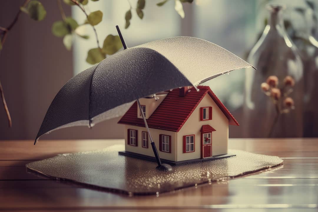 A model home protected by an umbrella that represents home insurance. Both are sitting on a wooden table.