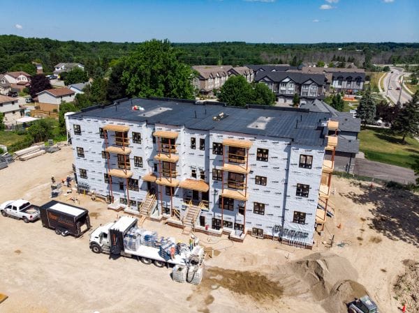 Photo taken by Piranha Studios. An aerial view of a pre-construction condo townhome being built in Cambridge Ontario.