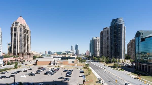 View from a condo unit overlooking Mississauga downtown and Square One shopping mall.